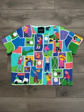 Michael Simon Rare Vintage Embroidered Multicolor Short Sleeve Golf Sweater L